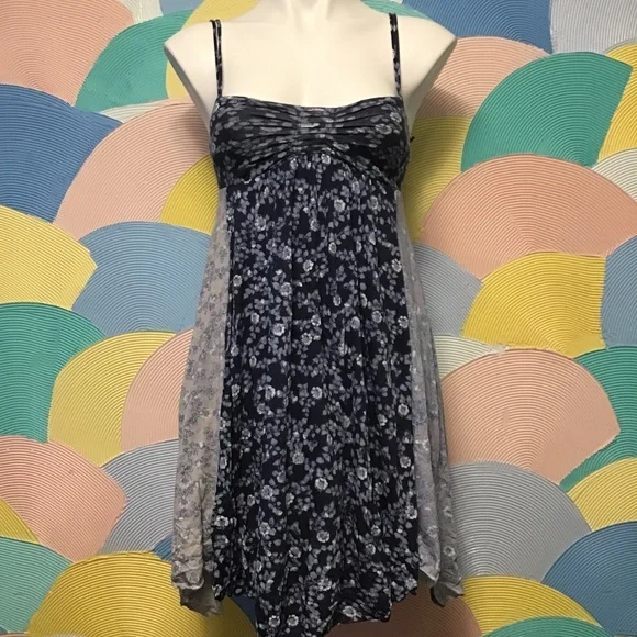 american eagle blue and white floral dress Veda Ruffle Strap Split Maxi Dress Floral White/Blue XL